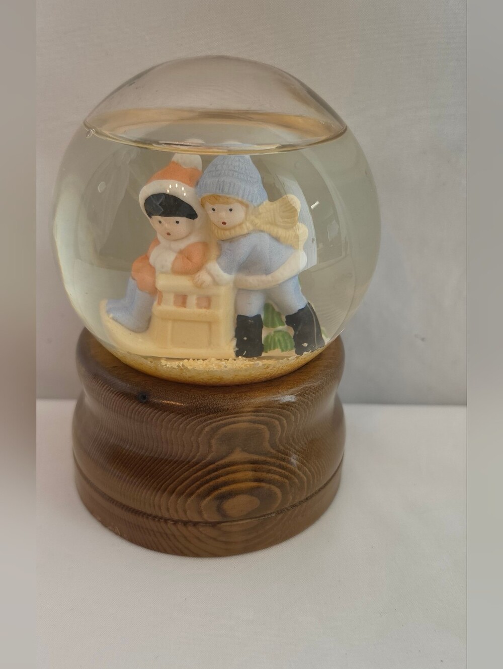 Vintage Musical Snow Globe Children Sledding Wood Base Christmas Decor Taiwan